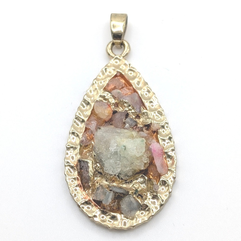JTV Raw Crystal Druzy Teardrop Pendant Gold Tone Mosaic Boho Statement Jewelry